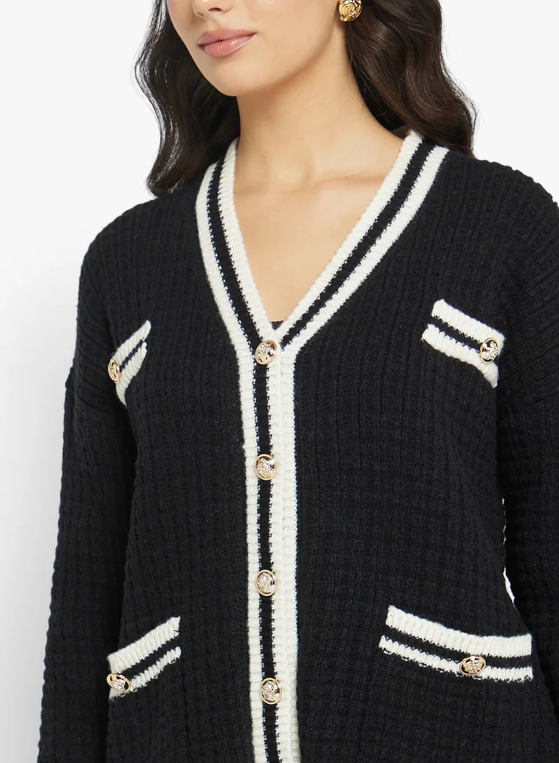 جينجر Varsity Style Button Up Cardigan with Contrast Trim