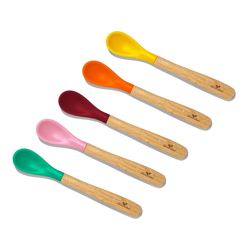 Avanchy Bamboo & Silicone Infant Training Spoons, BPA Free - Soft Tip, Easy on Gums, First Stage Feeding Utensils for Baby-Led Weaning, Self-Feeding, Assorted w/Pink - Image 1