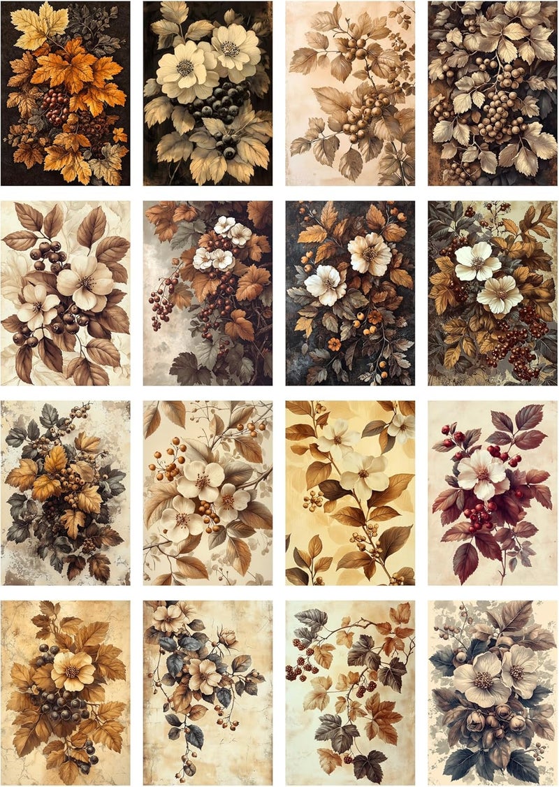 Flonz Decoupage Paper Pack (35 Sheets 6"x8") Autumn Blooms: Richly Detailed Botanical Illustrations Featuring Delicate Flowers and Berries, Set in Warm, Vintage Sepia Tones Vintage - Image 2
