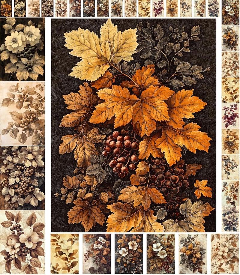 Flonz Decoupage Paper Pack (35 Sheets 6"x8") Autumn Blooms: Richly Detailed Botanical Illustrations Featuring Delicate Flowers and Berries, Set in Warm, Vintage Sepia Tones Vintage - Image 1