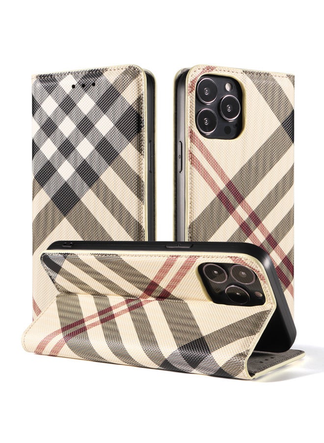 For Iphone16 Phone Leather Case For Huawei P50 Phone Case For Iphone 15 Check Flip Cover Protective Case For Samsung S23-Color:Khaki-Applicable Model:For Iphone 12 Pro Max