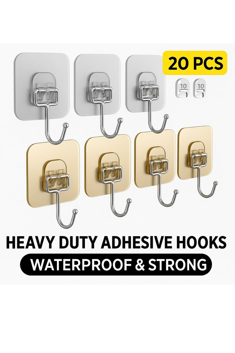 20-Piece Silver & Gold Heavy-Duty 304 Stainless Adhesive Hooks Waterproof, 3-Layer Acrylic Backing, Rotatable 180° – Ideal for Bathroom, Kitchen - Image 1