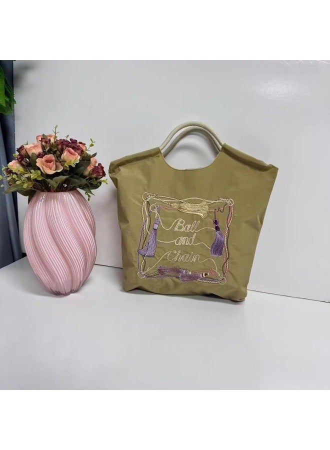 Fashionable Summer Japanese Style Ball Chain Embroidery Large Capacity Women's Shoulder Bag Trendy Crossbody Bag For Motorcycle-Color:Khaki Tassel Frame-Size:Medium - Image 1