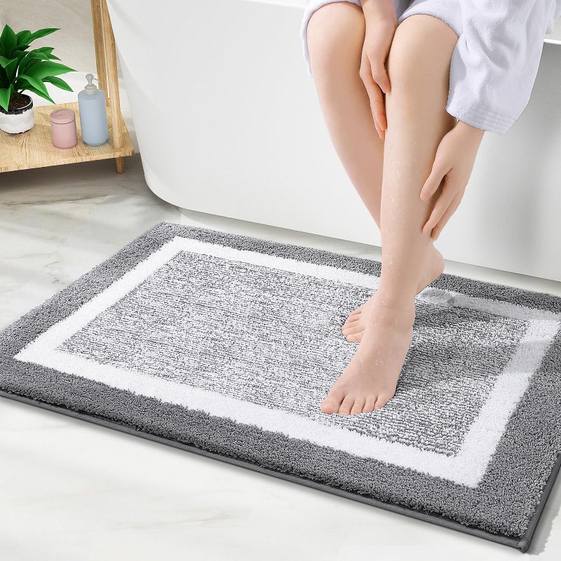 OLANLY Bathroom Rugs 30x20  Extra Soft and Absorbent Microfiber Bath Mat  Non-Slip  Machine Washable  Quick Dry Shaggy Bath Carpet  Suitable for Bathroom Floor  Tub  Shower (Grey and White)