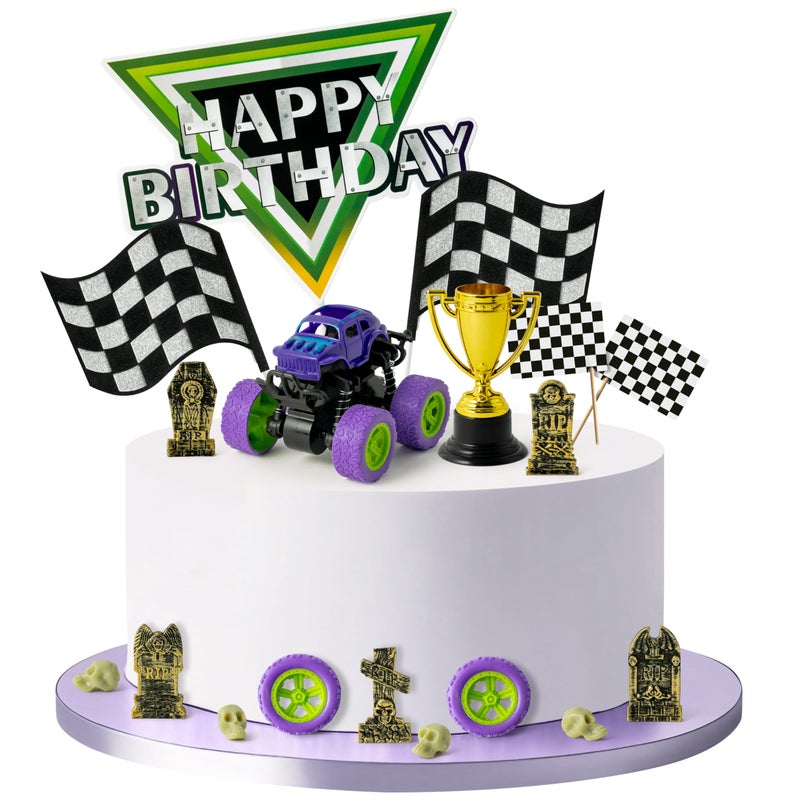 Haooryx Monster Truck Cake Topper - 40Pcs Green and Purple Monster Truck Cake Decoration Racing Car Dessert Cupcake Topper for Kid Boy Birthday Truck Theme Party Baby Shower Table Decoration Supply - Image 1