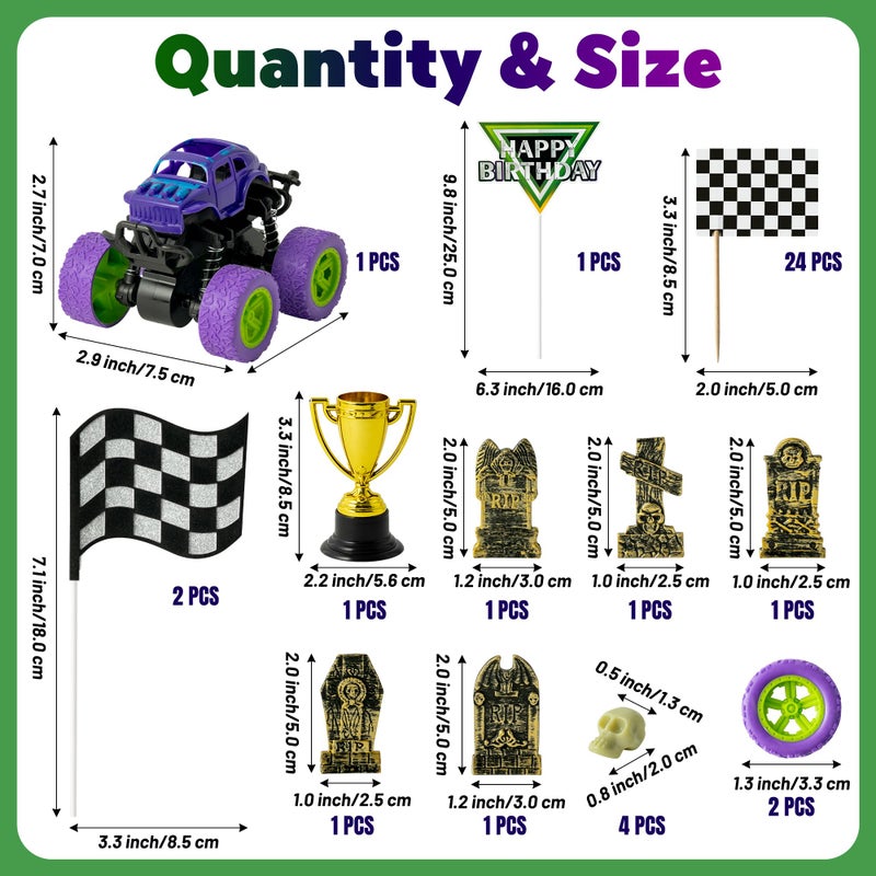 Haooryx Monster Truck Cake Topper - 40Pcs Green and Purple Monster Truck Cake Decoration Racing Car Dessert Cupcake Topper for Kid Boy Birthday Truck Theme Party Baby Shower Table Decoration Supply - Image 2
