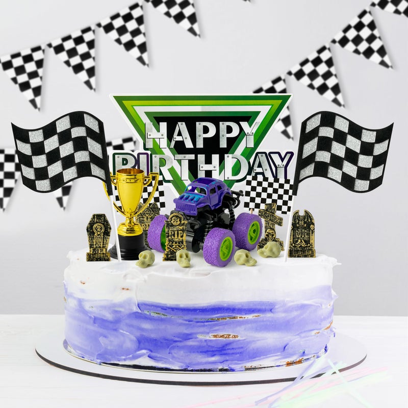Haooryx Monster Truck Cake Topper - 40Pcs Green and Purple Monster Truck Cake Decoration Racing Car Dessert Cupcake Topper for Kid Boy Birthday Truck Theme Party Baby Shower Table Decoration Supply - Image 3