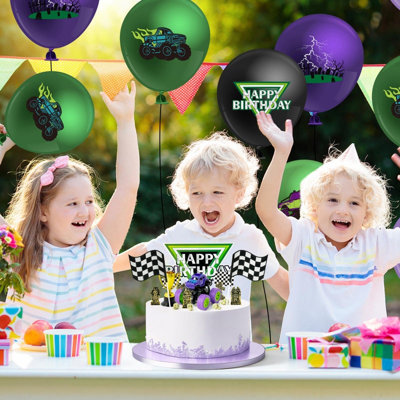 Haooryx Monster Truck Cake Topper - 40Pcs Green and Purple Monster Truck Cake Decoration Racing Car Dessert Cupcake Topper for Kid Boy Birthday Truck Theme Party Baby Shower Table Decoration Supply - Image 5