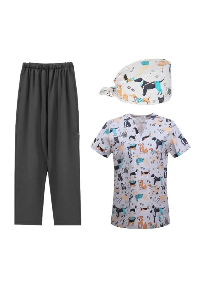 Loquat Womens Medical Scrubs Set Medical Uniform Set Black Dog on White Background - Image 1