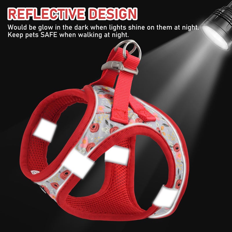 GAMUDA Small Dog Harness Collar and Leash Set, Step in No Chock No Pull Soft Mesh Adjustable Dog Vest Harnesses Plaid Reflective for Dogs Puppy Cats Kitten Rabbit (Red Flower, S) - Image 3