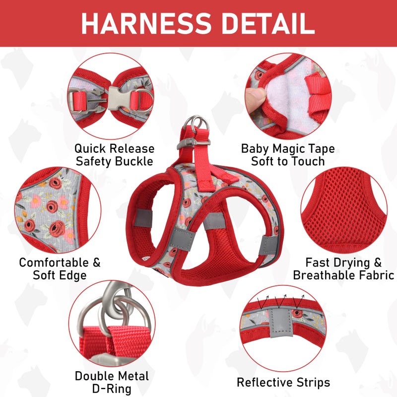 GAMUDA Small Dog Harness Collar and Leash Set, Step in No Chock No Pull Soft Mesh Adjustable Dog Vest Harnesses Plaid Reflective for Dogs Puppy Cats Kitten Rabbit (Red Flower, S) - Image 2