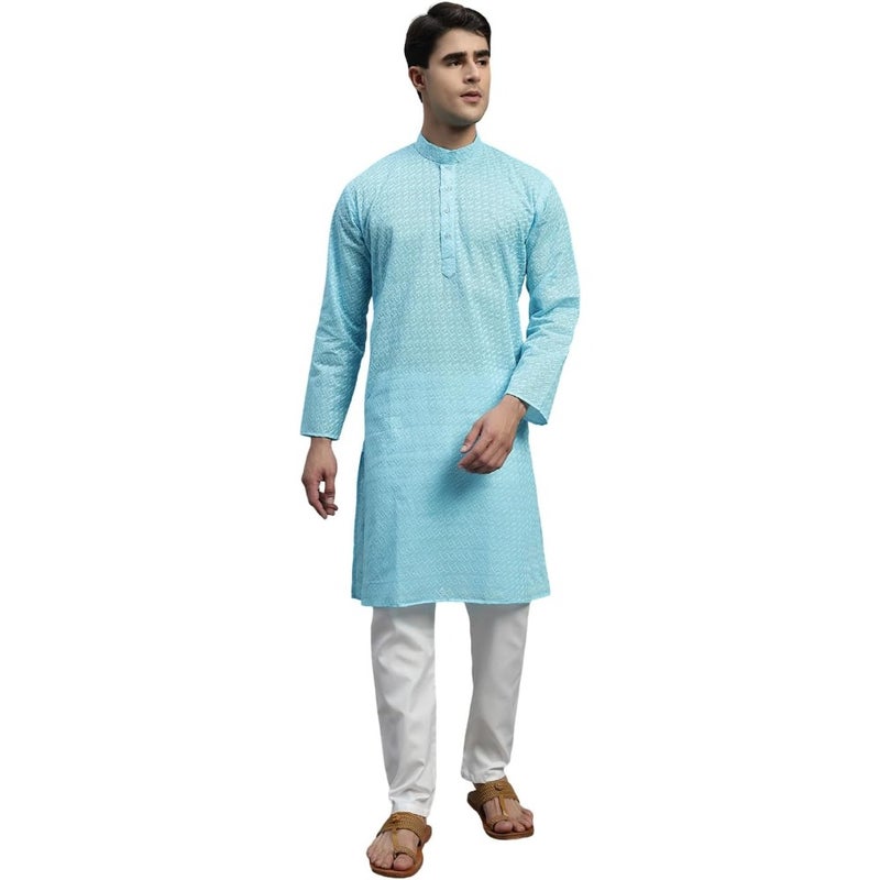Mens Chikankari Kurta Pajama Set Premium Cotton White Hand-Embroidered Ethnic Wear for Wedding Festive Occasions, Regular Fit SXL - Image 1