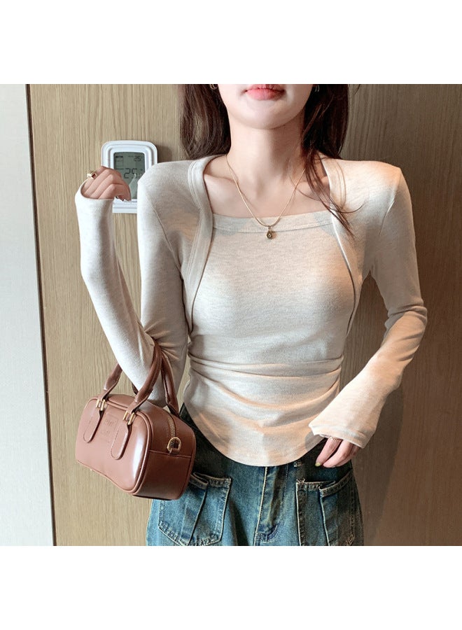 H562 Strictly Selected French Long-sleeved Square Neck Slim-fit Slimming Fake Two-piece Women's Casual Top Autumn Thin Base Shirt