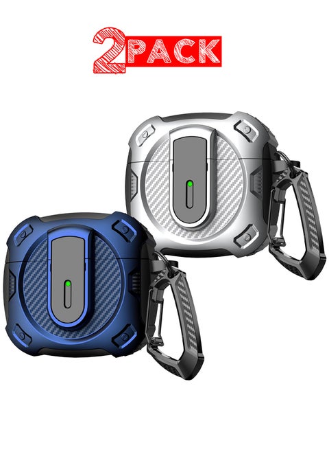2Packs Airpods 4 Case Hard Shell Protective Armor LED Visible Wireless Charging Case Cover with Lock - Silver Blue
