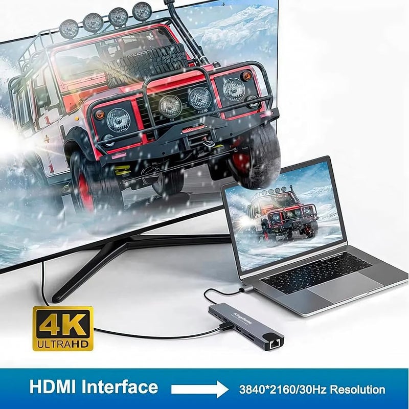 محول موزع USB C 8 في 1 مع HDMI 4K 60Hz نوع 87 واط بي دي، منفذ 3.0، ار جيه 45 ايثرنت سريع، بطاقات SD/TF، قاعدة شحن متوافقة مع ماك بوك اير/برو، ايباد، ويندوز، سويتش، الخ، رمادي - Image 5