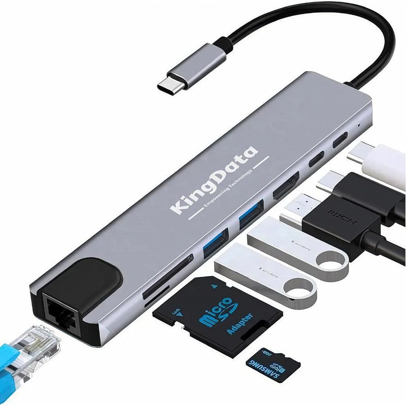 محول موزع USB C 8 في 1 مع HDMI 4K 60Hz نوع 87 واط بي دي، منفذ 3.0، ار جيه 45 ايثرنت سريع، بطاقات SD/TF، قاعدة شحن متوافقة مع ماك بوك اير/برو، ايباد، ويندوز، سويتش، الخ، رمادي - Image 1