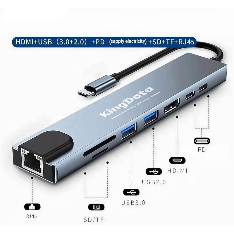 محول موزع USB C 8 في 1 مع HDMI 4K 60Hz نوع 87 واط بي دي، منفذ 3.0، ار جيه 45 ايثرنت سريع، بطاقات SD/TF، قاعدة شحن متوافقة مع ماك بوك اير/برو، ايباد، ويندوز، سويتش، الخ، رمادي - Image 2