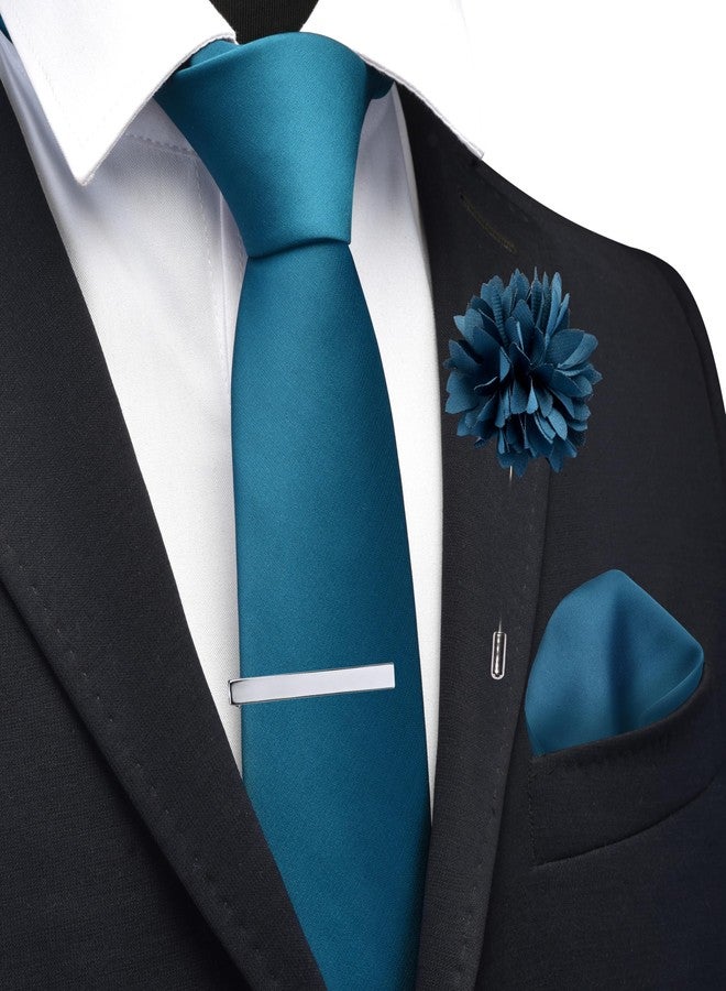 Branduce Teal Tie for Men Wedding Solid Satin Silk Blend Necktie Pocket Square Tie Clip and Lapel Pin Brooch Set (TA14-40) - Image 2