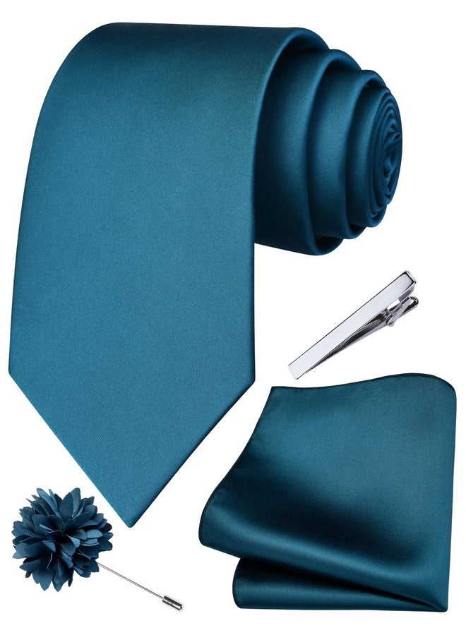 Branduce Teal Tie for Men Wedding Solid Satin Silk Blend Necktie Pocket Square Tie Clip and Lapel Pin Brooch Set (TA14-40) - Image 1