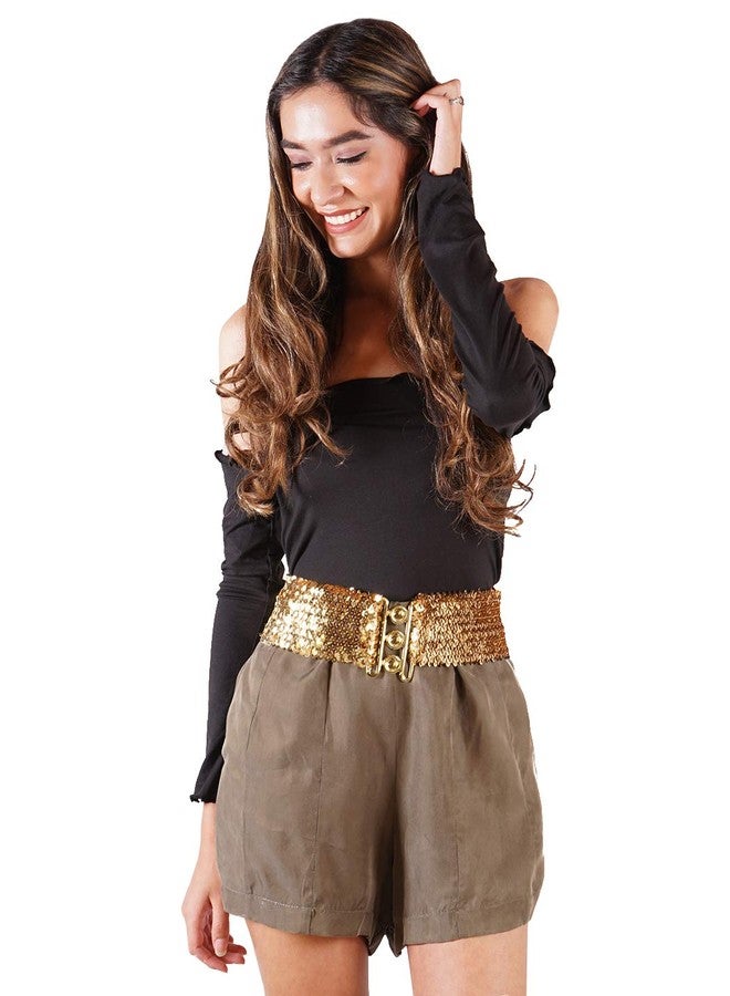Anna-Kaci Women's Sparkly Glitter Sequin Wide Stretch Elastic Belt Accessory,Gold,One Size - Image 2
