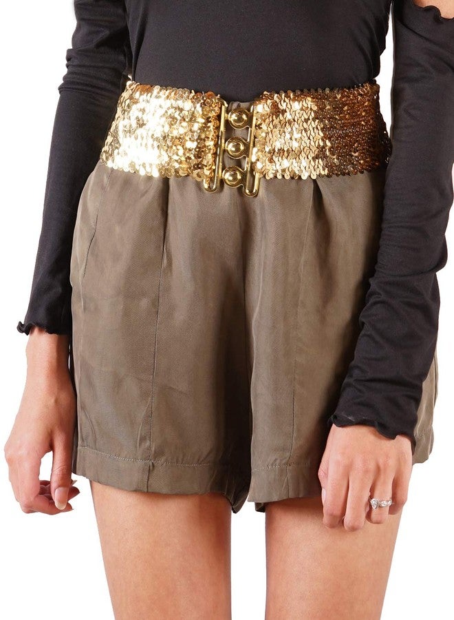 Anna-Kaci Women's Sparkly Glitter Sequin Wide Stretch Elastic Belt Accessory,Gold,One Size - Image 4
