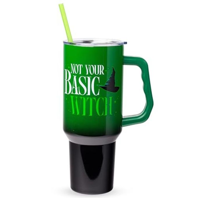 Silver Buffalo Wicked Elphaba Not Your Basic Witch Ombre Stainless Steel Tumbler with Handle and Straw, Fits in Standard Cup Holder, 40 Ounces