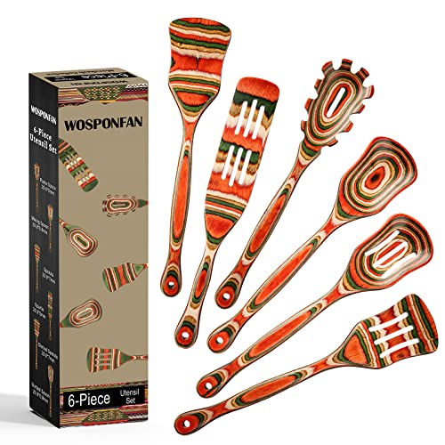 wosponfan Wooden Spoons for Cooking, WOSPONFAN Kitchen Utensils Set, Pakkawood Kitchen Cooking Utensils Set, Apartment Essentials Wood Serving Spatula spoon, Salad Tongs, Home & kitchen Gift for Women - Image 1