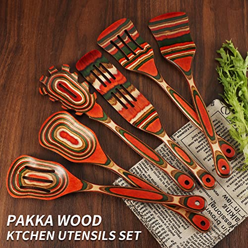 wosponfan Wooden Spoons for Cooking, WOSPONFAN Kitchen Utensils Set, Pakkawood Kitchen Cooking Utensils Set, Apartment Essentials Wood Serving Spatula spoon, Salad Tongs, Home & kitchen Gift for Women - Image 4