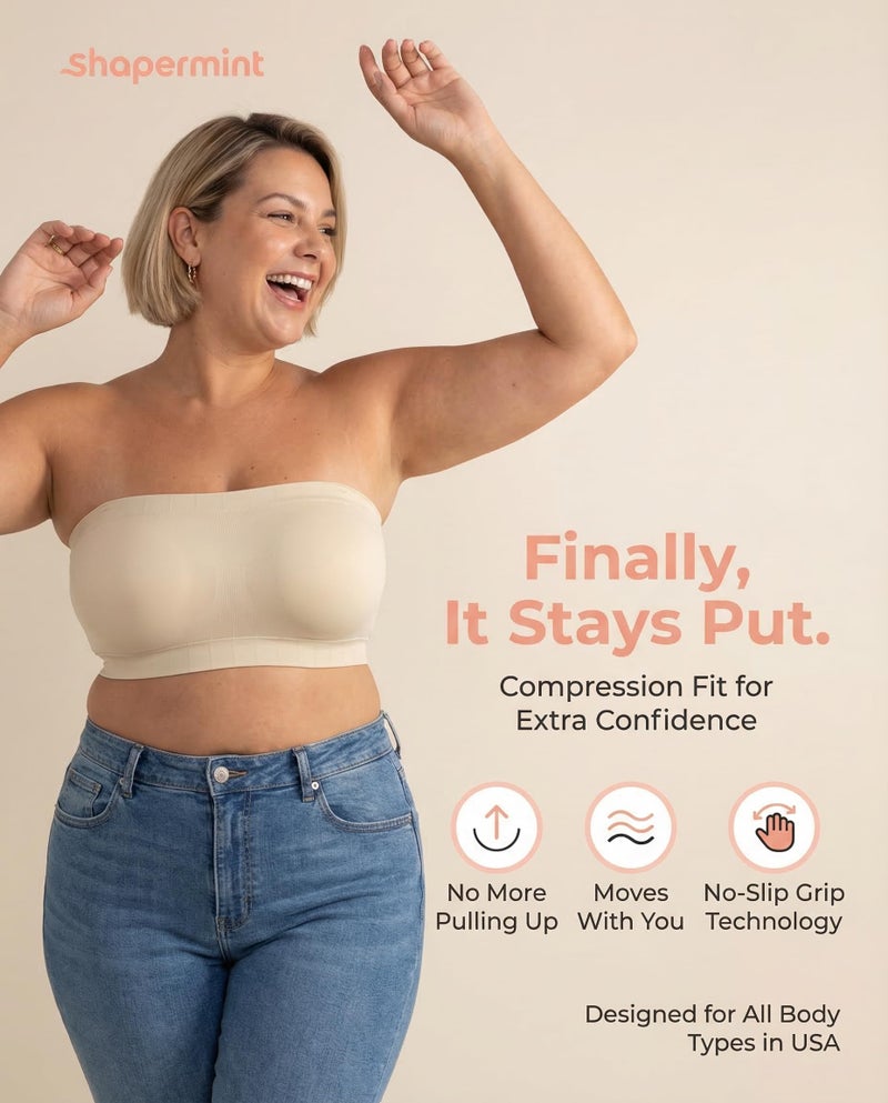 SHAPERMINT Strapless Bras for Women - Bandeau Bra, Small to Plus Size Bras for Women, Strapless Top Beige - Image 2