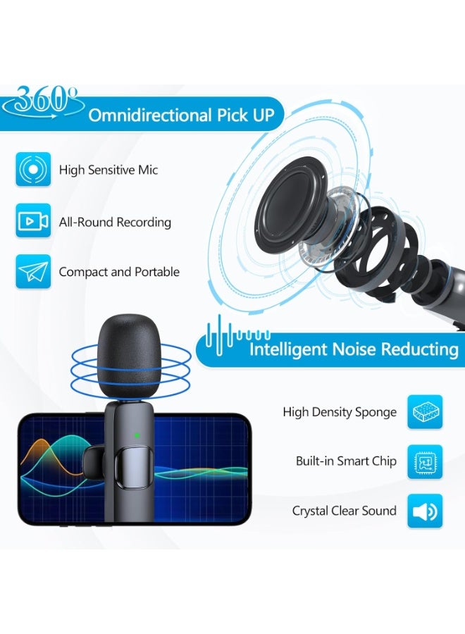 هذه المجموعة المكونة من ميكروفونات لافاليير لاسلكية متوافقة مع أجهزة iPhone وiPad وAndroid. تتميز بسهولة التوصيل والتشغيل، وزمن انتقال منخفض للغاية (2.4 جيجاهرتز)، وشريحة مدمجة لإلغاء الضوضاء، وعمر بطارية يصل إلى 8 ساعات، وقدرة تسجيل عالية الوضوح، مما يجعلها مثالية لتسجيل الفيديو والمقابلات والبودكاست ومدونات الفيديو ويوتيوب. - Image 4