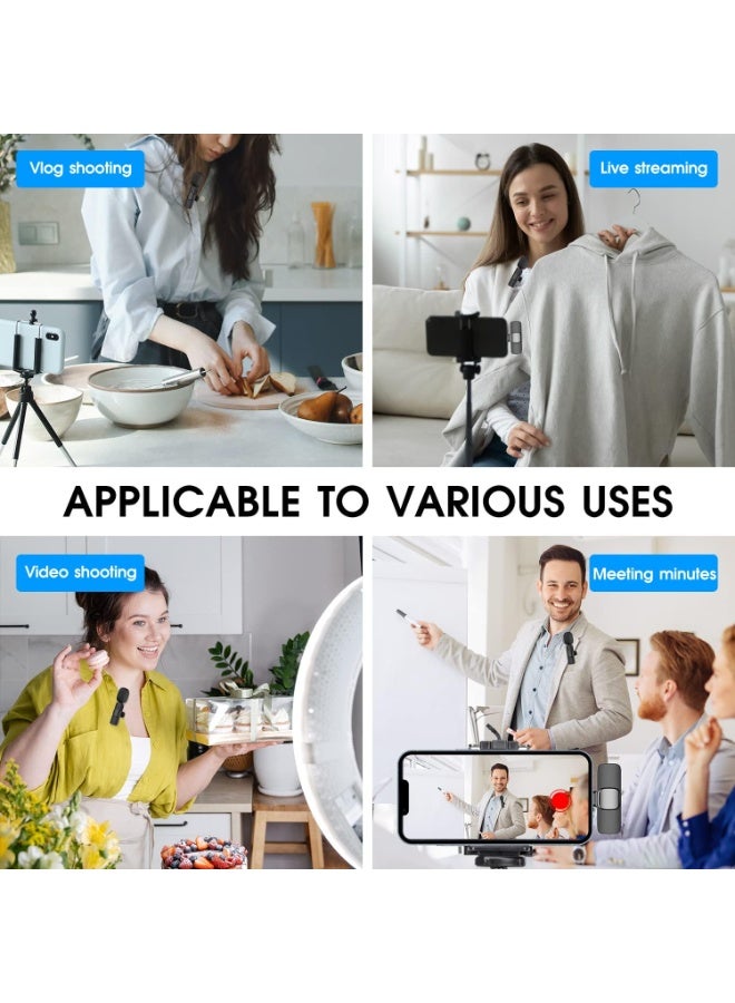 هذه المجموعة المكونة من ميكروفونات لافاليير لاسلكية متوافقة مع أجهزة iPhone وiPad وAndroid. تتميز بسهولة التوصيل والتشغيل، وزمن انتقال منخفض للغاية (2.4 جيجاهرتز)، وشريحة مدمجة لإلغاء الضوضاء، وعمر بطارية يصل إلى 8 ساعات، وقدرة تسجيل عالية الوضوح، مما يجعلها مثالية لتسجيل الفيديو والمقابلات والبودكاست ومدونات الفيديو ويوتيوب. - Image 3
