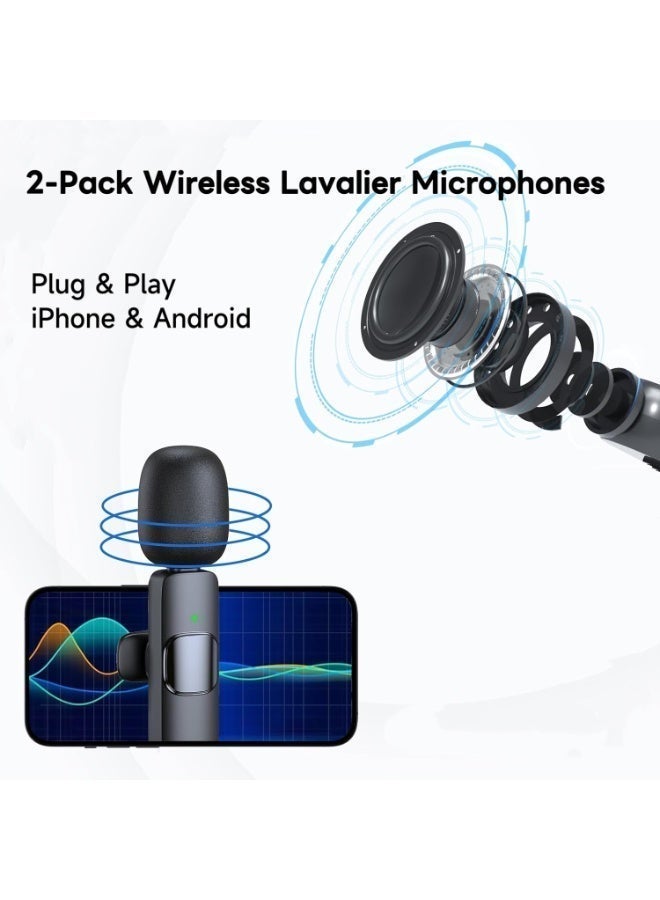 ميكروفونان لاسلكيان صغيران، سهلا التوصيل والتشغيل، مزودان بخاصية تقليل الضوضاء، متوافقان مع أجهزة iPhone وAndroid للبث المباشر وتسجيل الفيديو وتدوين الفيديو. - Image 2