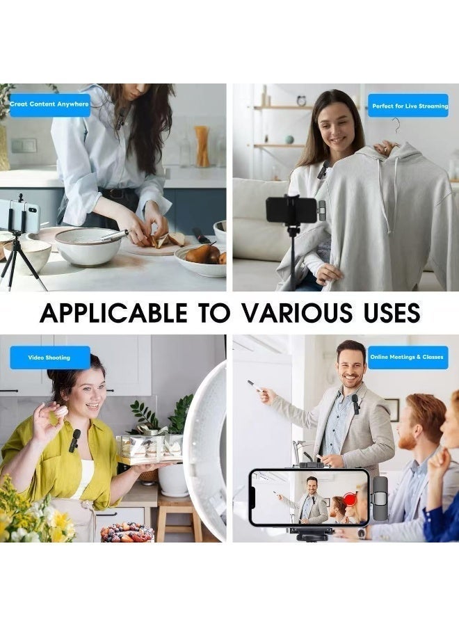 ميكروفونان لاسلكيان صغيران، سهلا التوصيل والتشغيل، مزودان بخاصية تقليل الضوضاء، متوافقان مع أجهزة iPhone وAndroid للبث المباشر وتسجيل الفيديو وتدوين الفيديو. - Image 4