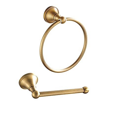 Leyden Antique Brass Toilet Paper Holder Towel Ring, Brass Hand Towel Holder Bathroom Accessories Set Retro Bathroom Hardware Tissue Toilet Roll Holder for Home or Kitchen, 2 Pieces - Image 1