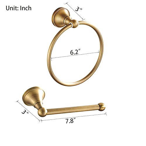 Leyden Antique Brass Toilet Paper Holder Towel Ring, Brass Hand Towel Holder Bathroom Accessories Set Retro Bathroom Hardware Tissue Toilet Roll Holder for Home or Kitchen, 2 Pieces - Image 3