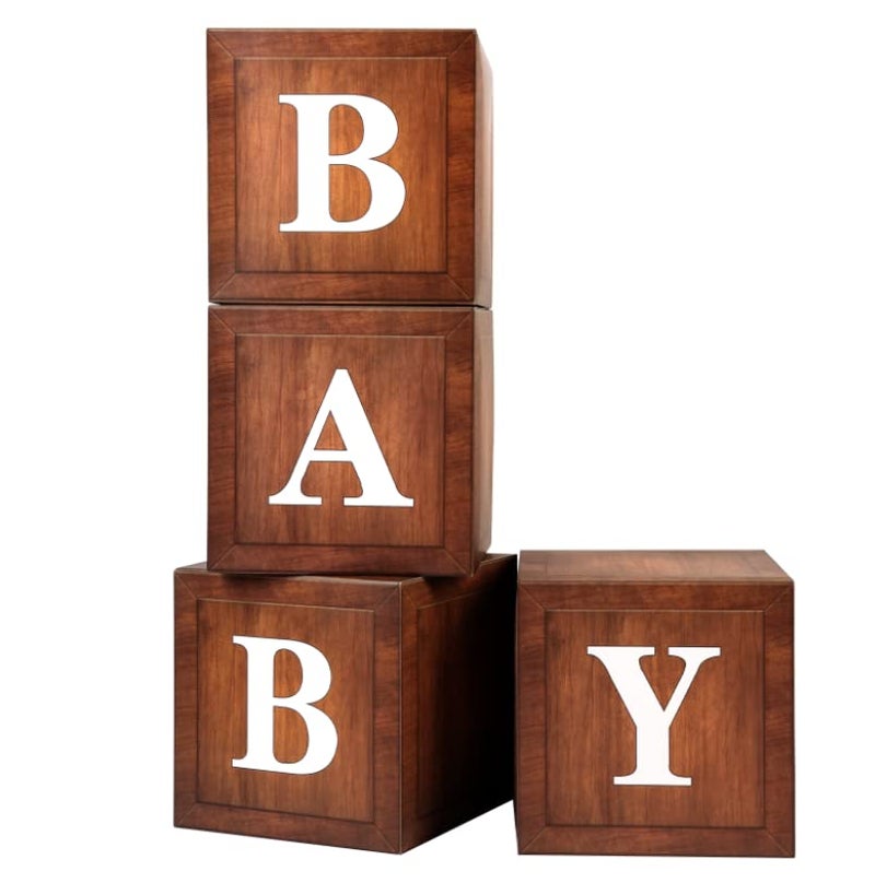WLMALL Wood Baby Shower Boxes Party Decorations - 4 Wood Grain Brown Blocks with Printed BABY Letters, Gender Reveal Backdrop,Teddy Bear Baby Shower Supplies, First Birthday Centerpiece Decor - Image 1