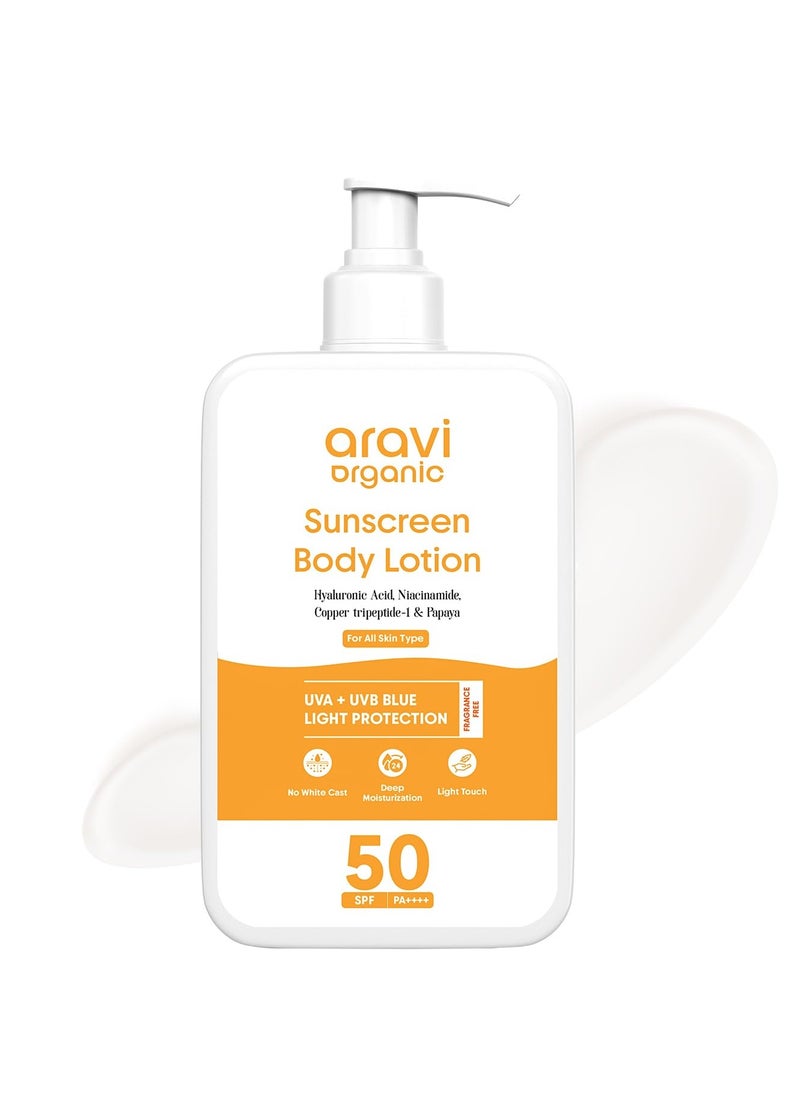 Aravi Organic - Oil-Free Sunscreen Body Lotion SPF 50 PA++++ | Lightweight, Quick Absorbing & No White Cast | UVA & UVB Protection | With Niacinamide, Hyaluronic Acid & Copper Tripeptide | 200ml - Image 1