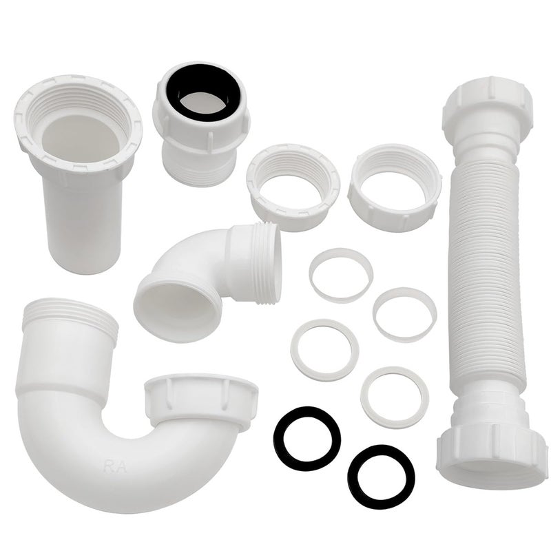 White 1 14 and 112 PTrap Plumbing Kit with Threaded Adapter JBend for Restroom Sink Kitchen Sink Drain Pipe Flexible Extension Tube Drain Tailpiece