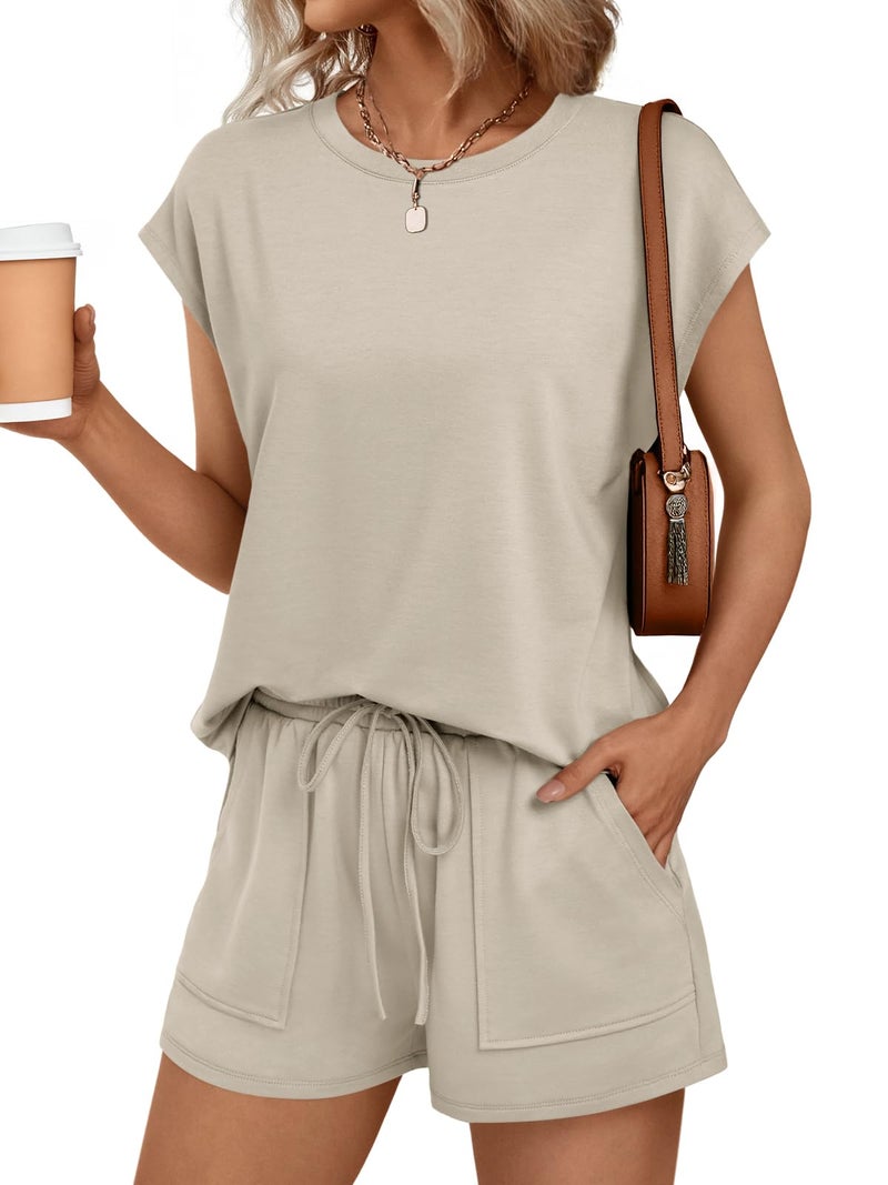 AUTOMET Womens Lounge Two 2 piece Sets Summer Spring Cruise Outfits 2026 Matching Beach Vacation Clothes Travel Sweatsuits Sweat Casual Romper Shorts Fashion Trendy Clothing Loungewear Khaki L - Image 2