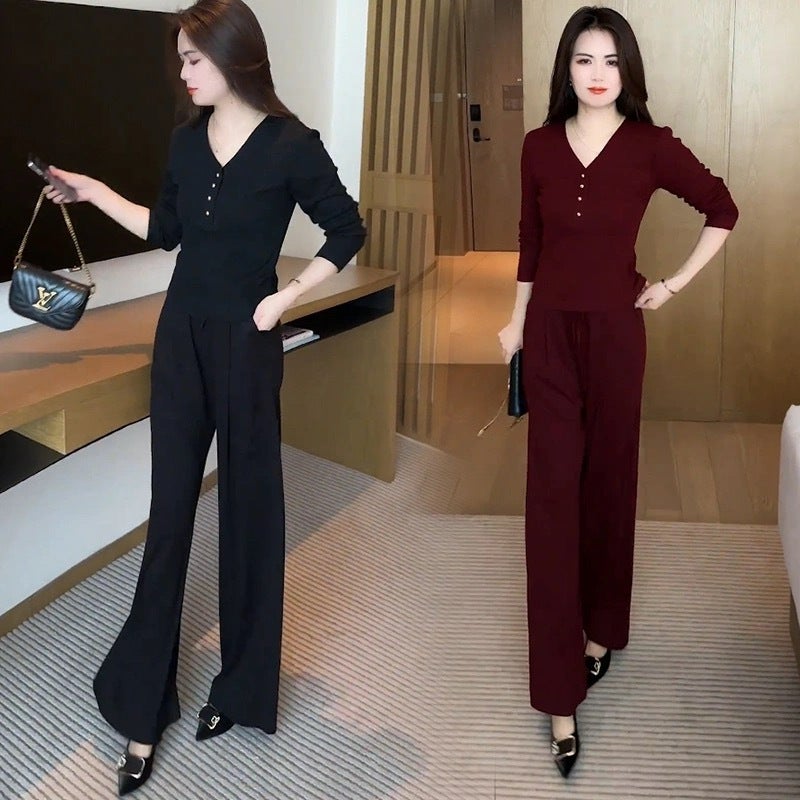 Fashion suit Women''s 2024 Autumn Elegant New Quality Slimming Age-reducing Long-sleeved Top Wide-leg Pants Casual Two-piece Set - Image 5
