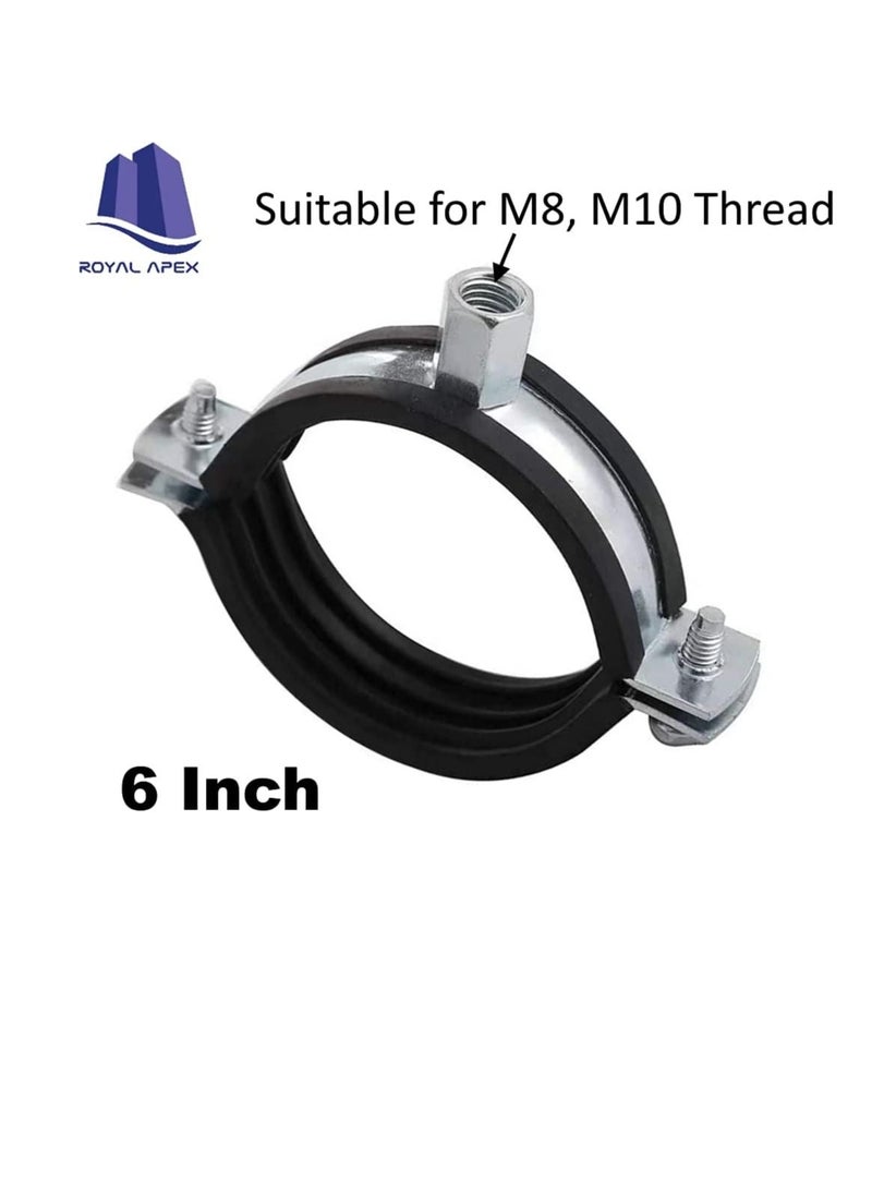 Generic - Heavy Duty Adjustable Two-screw Pipe Galvanized Iron (GI) Clamp with Rubber Lined or Unlined for Wall Ceiling Mount Pipe Supports, Split Ring Hanger (6 Inch, Pack of 5) - Image 1