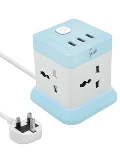 Gzar Gzar Tower Extension Cord Power Strip Cube Lead with 4 Outlets Plug and 3 USB Ports 5 Ft 1.5M Power Cord Phone and Desktop Charging Station Compact Portable for Travel Home and Office Blue  - Image 1