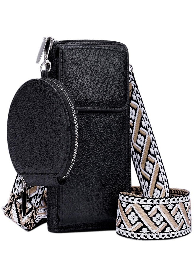 Toptime Small Crossbody Bags for Women, Cell Phone Purse with Mini Coin Bag, Vegan Leather Black Purse Wallet with Credit Card Slots, Detachable Wide Boho Strap Shoulder Bag for Travel Shopping Dating - Image 1