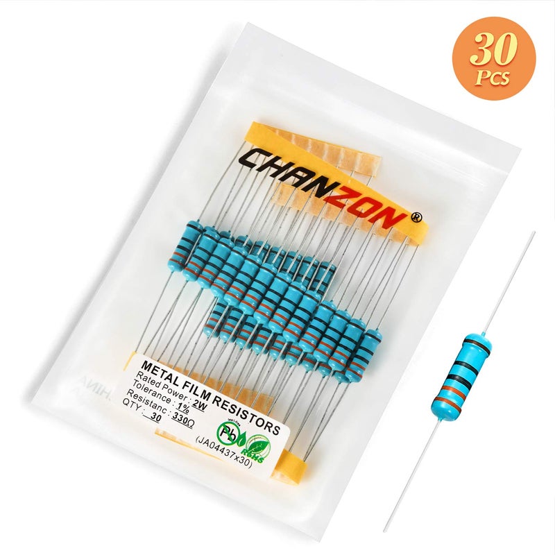 CHANZON 30 قطعة 2 واط 330 أوم مقاومة فيلم معدني ثابت 0.01 ±1% تحمل 330R MF مقاومات ثقب مرور معتمدة من روهس - Image 5