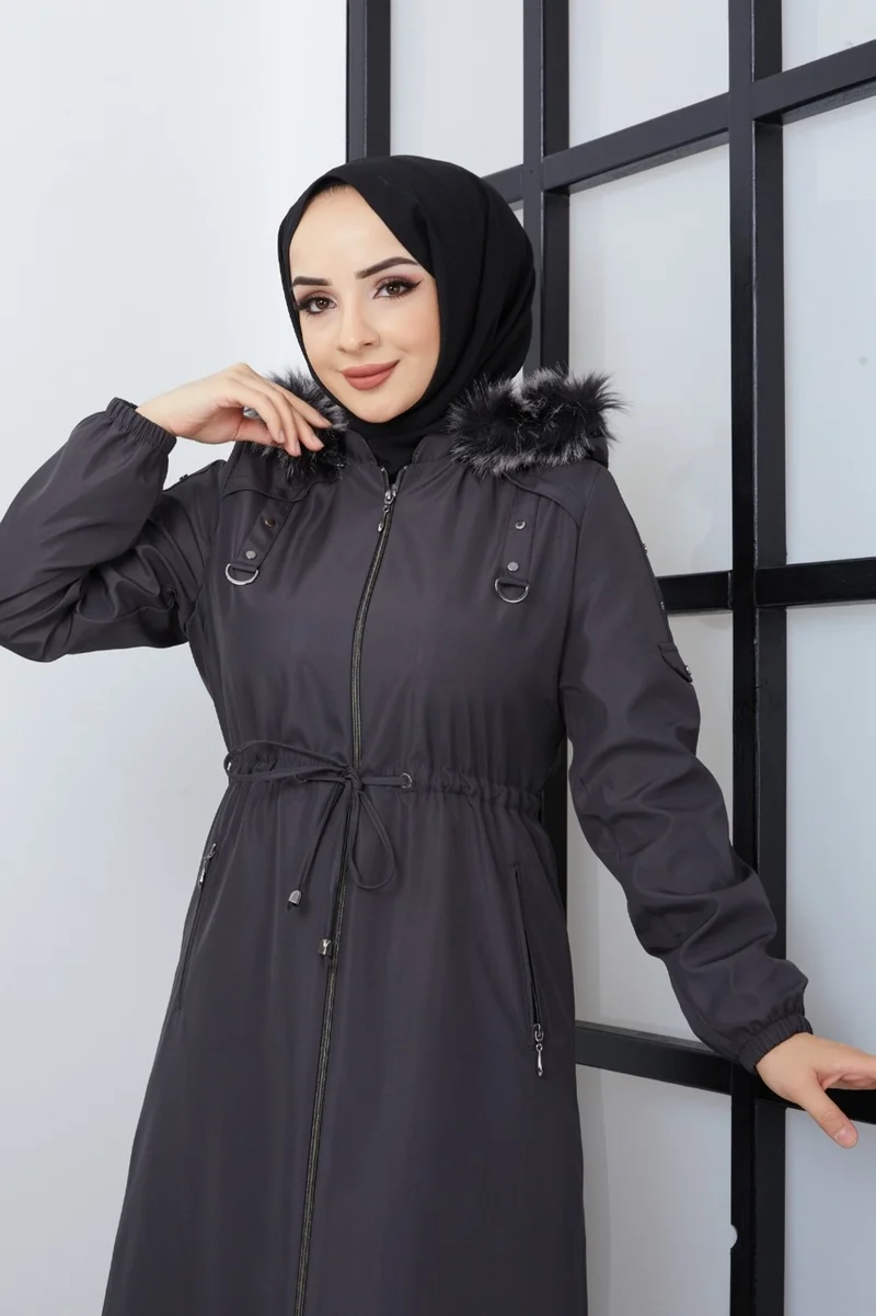كي ام كي كومبين KMK Combined Patterned Waist Belted Under Lining Fiber Hat Furry Long Coat & Jacket