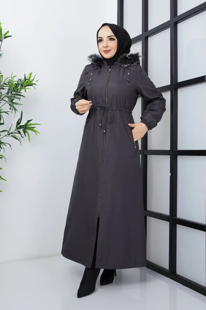 كي ام كي كومبين KMK Combined Patterned Waist Belted Under Lining Fiber Hat Furry Long Coat & Jacket