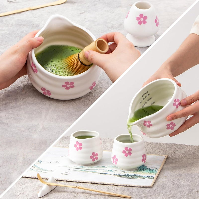 YumiPLUS 2pcs Matcha Bowl with Whisk Holder, Ceramic Cherry Blossom Matcha Bowl with Spout, 16.5OZ Porcelain Bowl with Measurement Marks,Tea Mixing Bowl with Whisk Stand, Matcha Gift (sakura) - Image 4