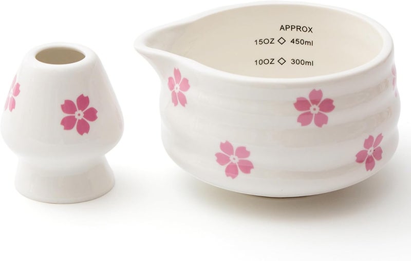 YumiPLUS 2pcs Matcha Bowl with Whisk Holder, Ceramic Cherry Blossom Matcha Bowl with Spout, 16.5OZ Porcelain Bowl with Measurement Marks,Tea Mixing Bowl with Whisk Stand, Matcha Gift (sakura) - Image 1