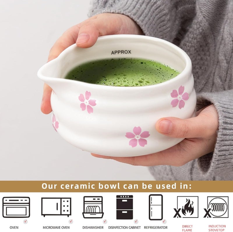 YumiPLUS 2pcs Matcha Bowl with Whisk Holder, Ceramic Cherry Blossom Matcha Bowl with Spout, 16.5OZ Porcelain Bowl with Measurement Marks,Tea Mixing Bowl with Whisk Stand, Matcha Gift (sakura) - Image 3