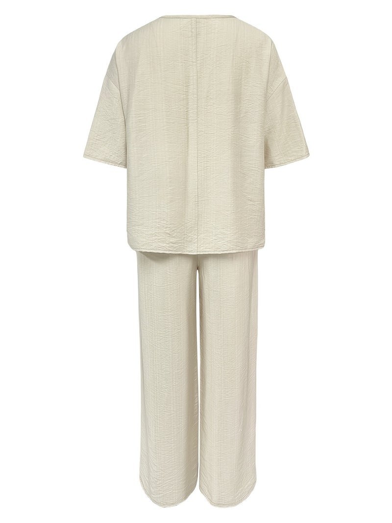 Women's Casual 2pcs Set: Solid Color Loose Short Sleeve Crew Neck Shirt Top + Wide-Leg Long Pants - Image 3